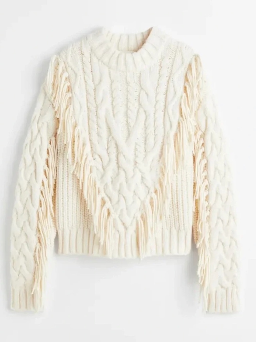 Women’s Cream Cable Knit Fringe Sweater